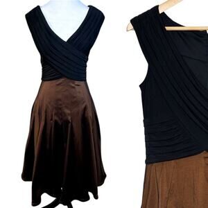 Cache Vintage Crossover Front Pleated Gold Brown Taffeta Dress Size 10 Swing